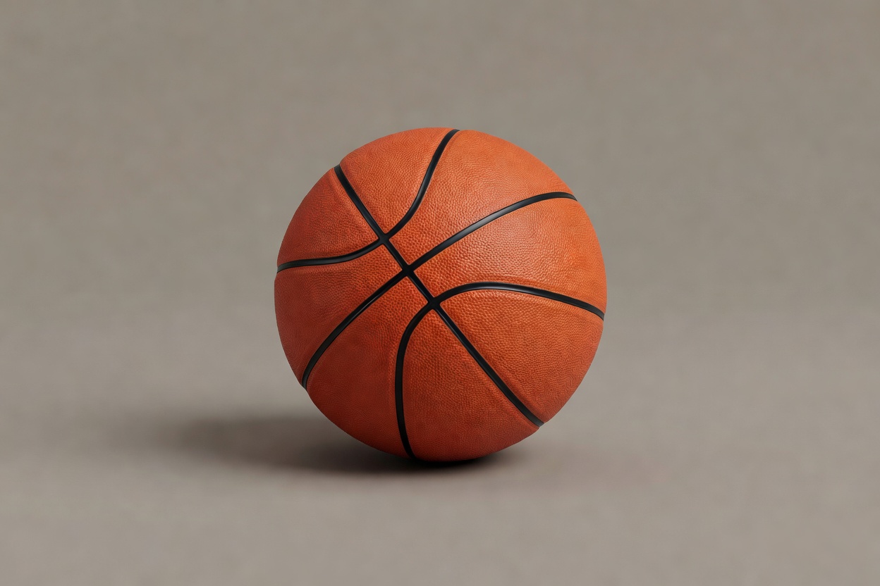 Soft-lit 3D render of an orange basketball on a plain warm grey background
