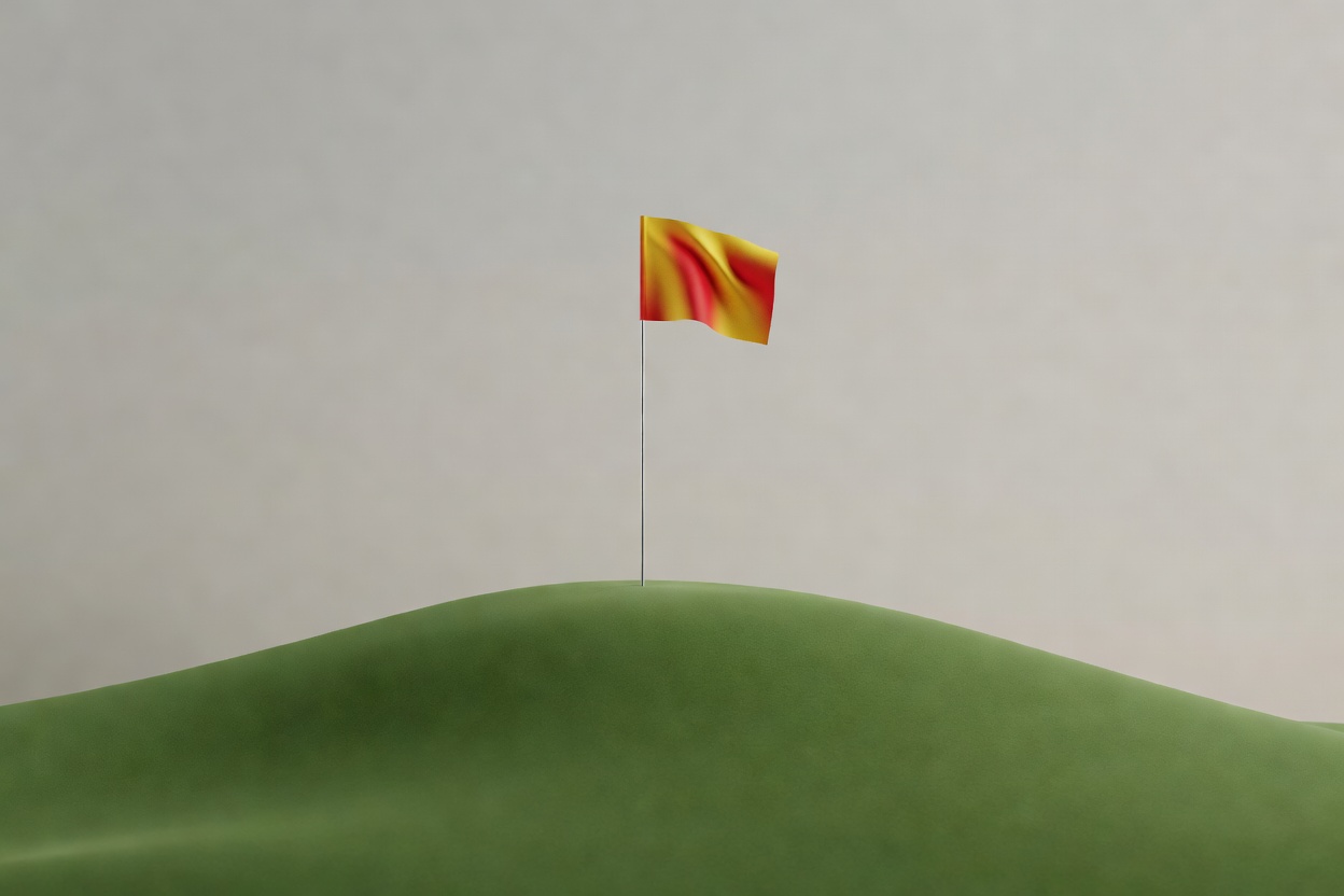 Soft-lit 3D render of a small golf flag on a pin above a smooth green mound